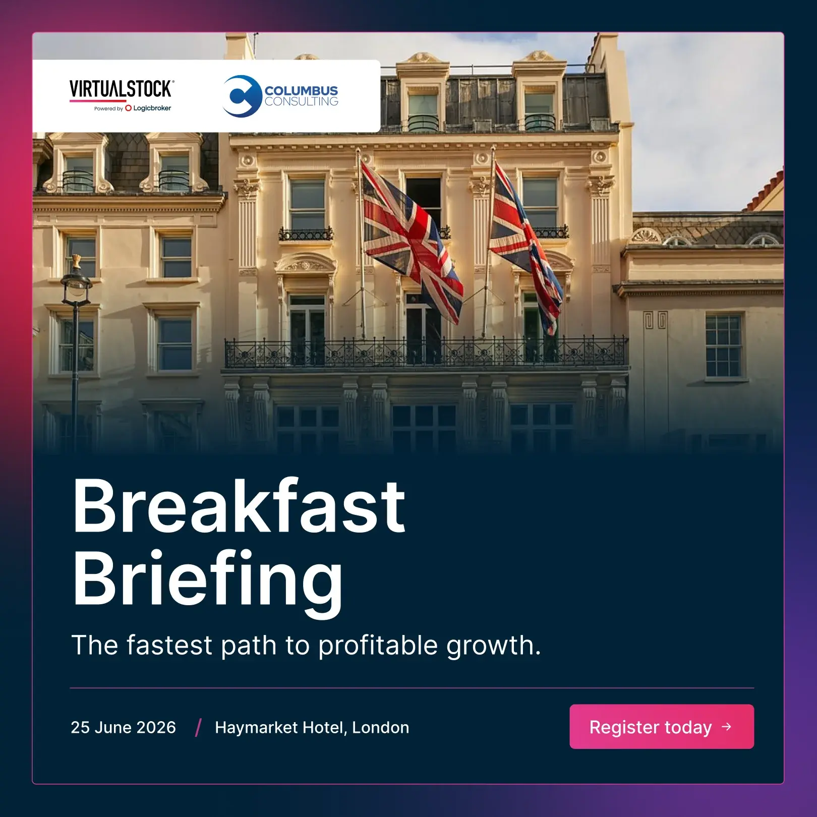 Breakfast Briefing event graphic: photography with a Midnight panel and a gradient mesh border